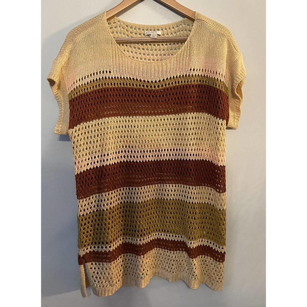 Women's C Est 1946 Plus Sz 18-20W Striped Open Knit Cap Sleeve Sweater Top Boho